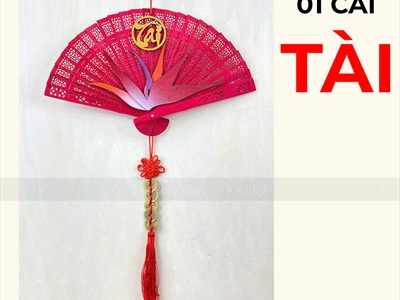 Vòng treo cửa Tết Quạt đỏ hoa Thiên Điểu [Đa dạng chữ - Quạt gỗ] QUAT-08